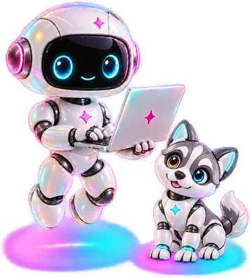 The Incuv8or AI COO robot and its robot husky working together on laptops